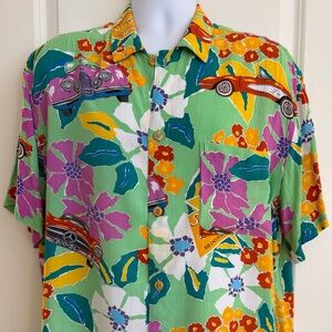 Jams World Hawaiian Aloha Short Sleeve Men’s Shirt, Large Floral and Car Print